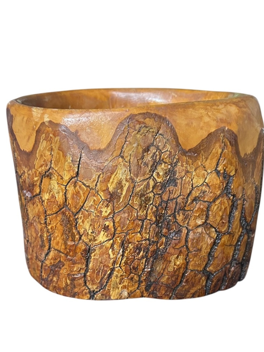Vintage hand-carved wooden bowl or vase crafted from a natural log,